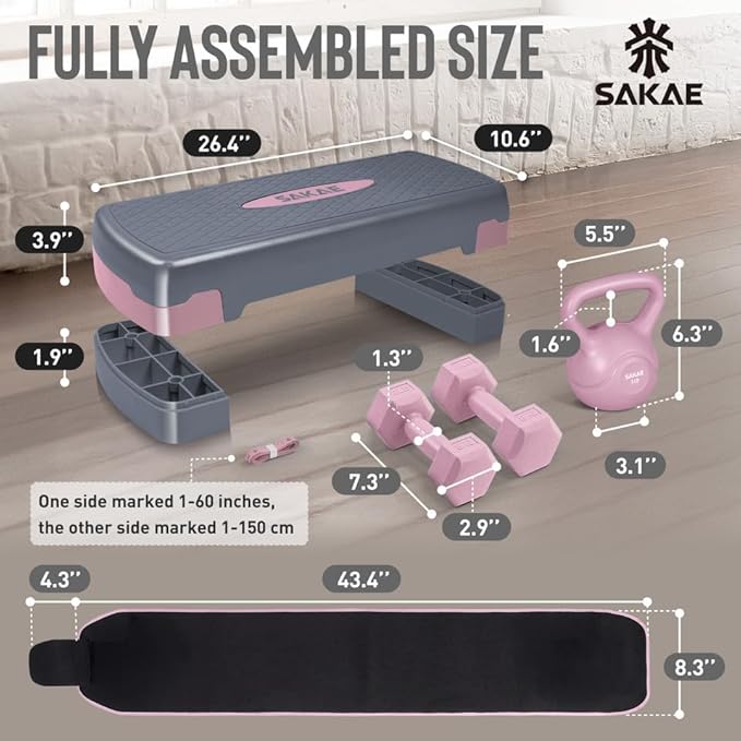 Adjustable Height Aerobic Stepper Set, Multiple Bundle Options with Dumbbells, Kettlebell, Waist Trimmer, Ankle Weights or Weighted Vest, Workout Exercise Step Platform w/Level Risers, 4 Colors