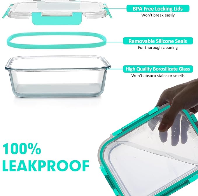 VERONES 30 Pieces Glass Meal Prep Containers Set, Stackable Glass Food Storage Containers with Lids-Airtight Glass Lunch Containers，for Microwave, Oven, Freezer & Dishwasher,Green