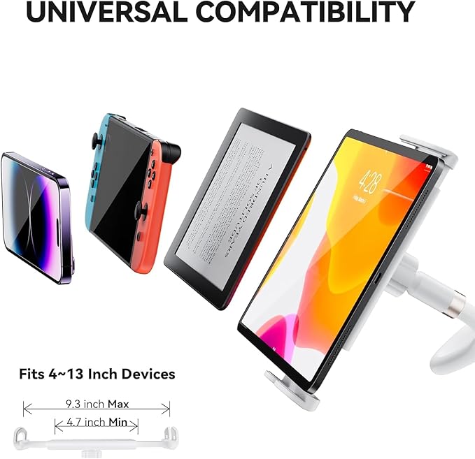 Gooseneck Tablet Holder, Tablet Stand : Flexible Arm Clip Mount Compatible with iPad mini Pro Air, Kindle, Switch, Galaxy Tabs, More 4.7-11" Devices- (White)