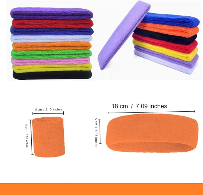 24 Pcs Neon Sweatbands Set Include 8 Pcs Sports Headband and 16 Pcs Cotton Wristbands 80s Neon Sweat Bands Bulk for Gym, Tennis, Basketball, Running, Exercise