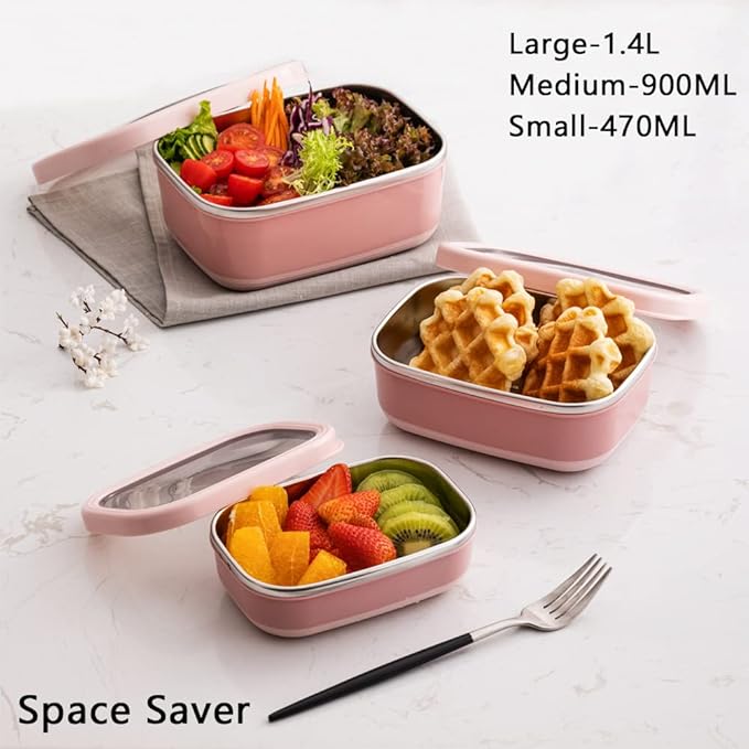 Lille Home Leak Proof Stainless Steel Lunch Snack Containers Set - Ideal for Educational Settings and Daycare - Nesting Trio with Silicone Lids - 47oz+30oz+16oz - Dark Pink