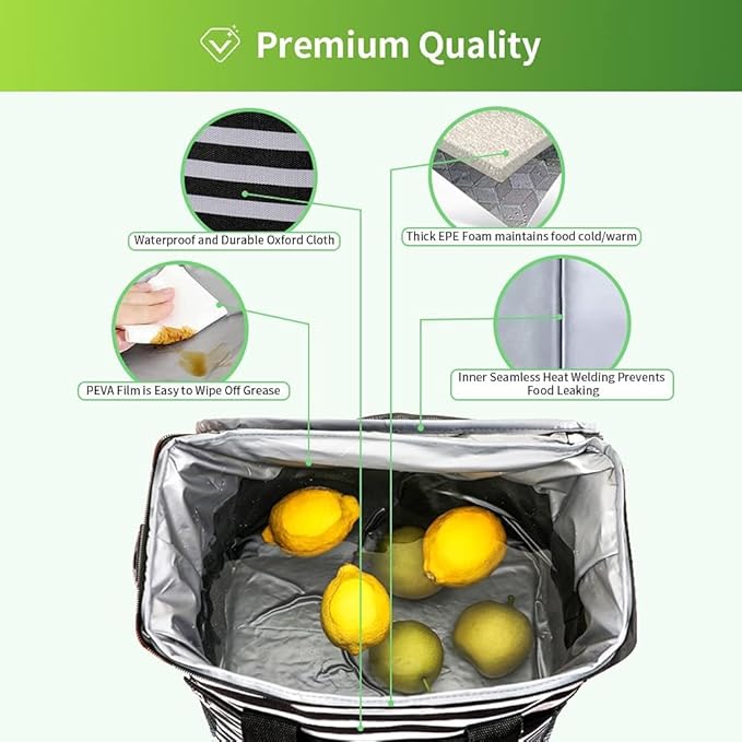 iknoe Large Cooler Bag Collapsible, 15L Insulated Bags, Leakproof Lunch Cooler Tote with Multi-Pockets for Adult, Insulated Lunch Box for Beach, Picnic,Work, Stripe 24-Can