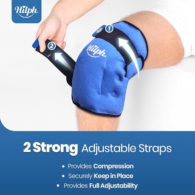 Hilph Knee Ice Pack for Replacement Surgery - Bendable & Adjustable Hot Cold Therapy Gel Ice Pack Wrap Around Entire Knee for Injuries, Swelling, Meniscus Tear, ACL, Easy to Wear, Blue