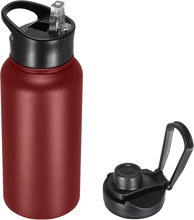 32 oz Insulated Water Bottle with Straw Lid & Wide Mouth Lids, Stainless Steel Sports Water Bottles, Double Walled Vacuum, Leak Proof, Red