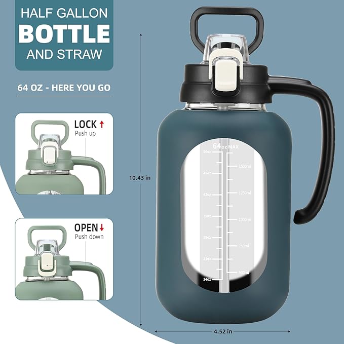 64 oz Glass Water Bottle with Straw and Handle Half Gallon Water Jug with Silicone Sleeve Large Water Bottle for Office, Gym, Outdoor Sports