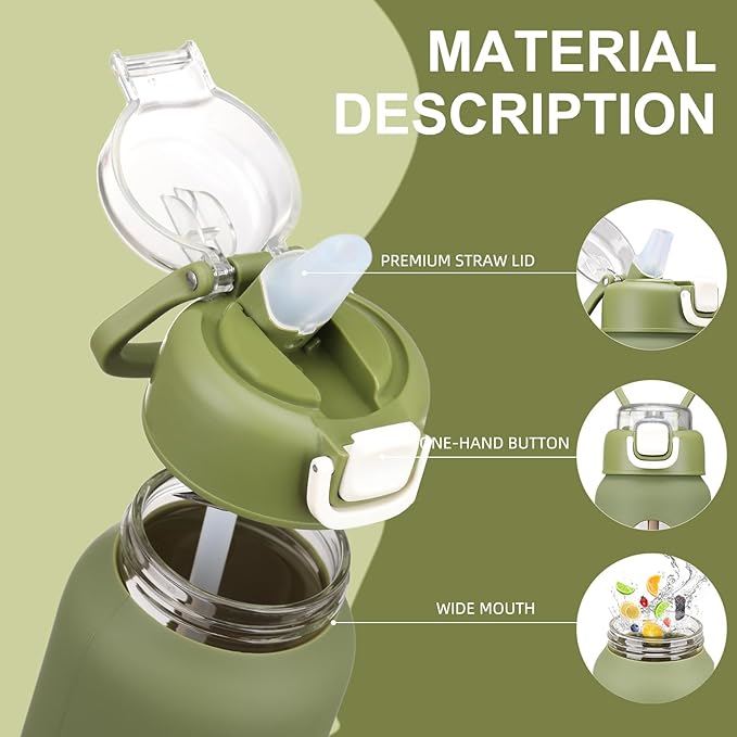 32 oz Glass Water Bottles with 2 Lids-Handle Spout Lid & Straw Lid, 1 Liter Motivational Borosilicate Water Bottle with Time Marker and Silicone Sleeve,Leakproof-Army Green-1 Pack