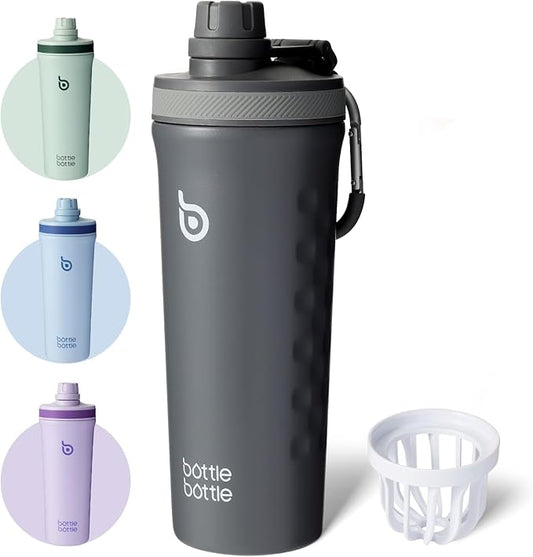 BOTTLE BOTTLE 26 oz Insulated Shaker Bottle Stainless Steel Water Bottle with Wire Whisk, Reusable Protein Shaker Gym Water Cup Grey