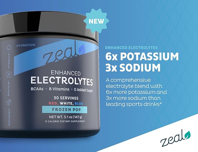 Zeal Electrolyte Powder Recovery Drink (30 Servings | Red White Blue Frozen Pop) w 0 Sugar +BCAAs +B-Vitamins Electrolyte Supplement w Potassium Zinc & Magnesium for Hydration - Keto Electrolytes