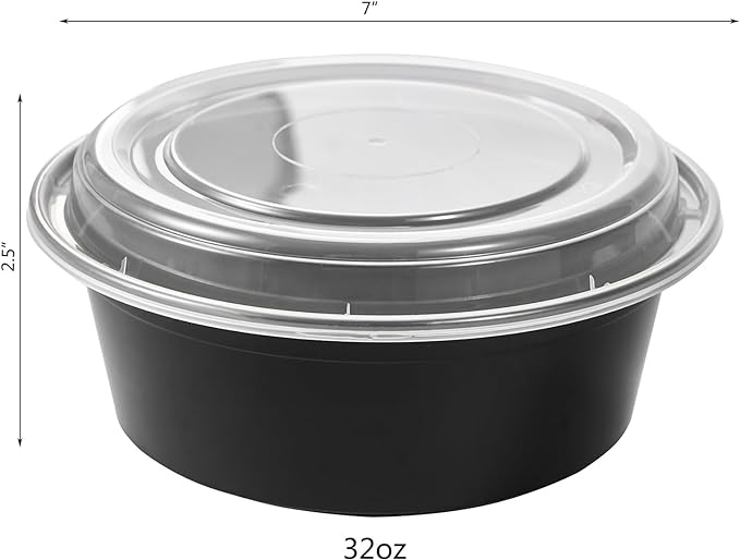 FULING 32 oz 150 ct Round Meal Prep Containers with Lids Plastic Food Storage Lunch Plan To Go Box Disposable Take Out Bowls Black BPA Free Reusable Durable Stackable Microwave Freezer Dishwasher Safe
