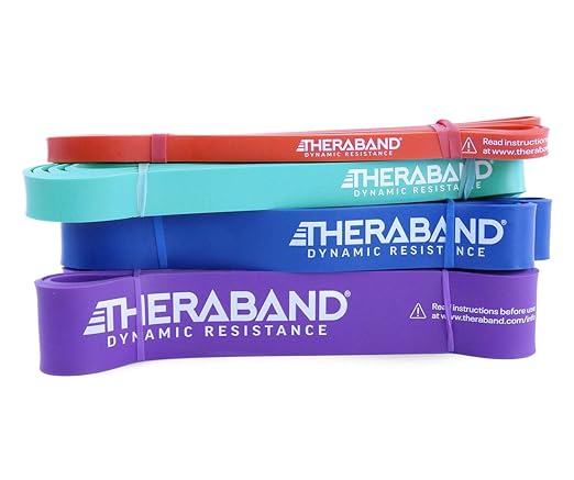 THERABAND High Resistance Bands, Set of 4 Elastic Super Bands for Improving Flexibility, Injury Rehab, & Full Body Workouts, Heavy Duty Stretch Bands for Exercise, Light, Medium, Heavy, X-Heavy Bands