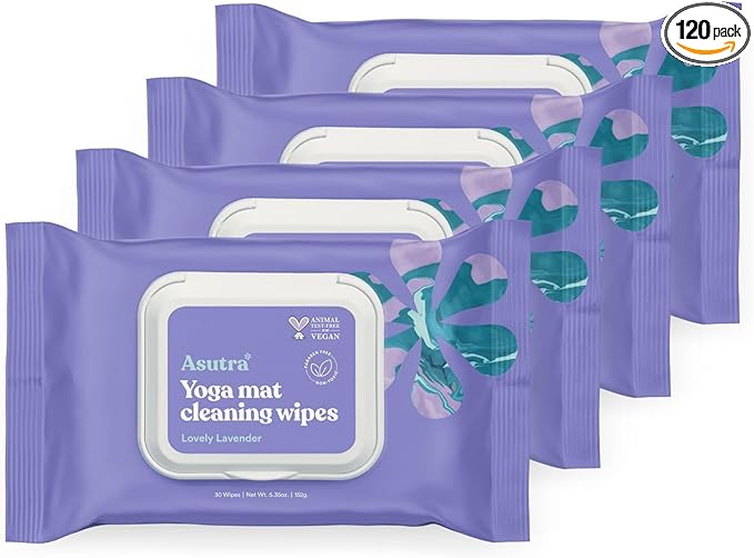 ASUTRA Yoga Mat Cleaning Wipes (Lovely Lavender), 4 Pouches (30 Wipes Each) - No Slippery Residue, Deep-Cleansing for Fitness Gear & Gym Equipment