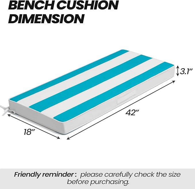Crestlive Products Outdoor Bench Cushion 42 x 18 Inch, Waterproof Patio Bench Cushions for Outdoor Furniture, Porch Swing Replacement Pad with 30D Foam, Adjustable Straps, Blue White Stripe