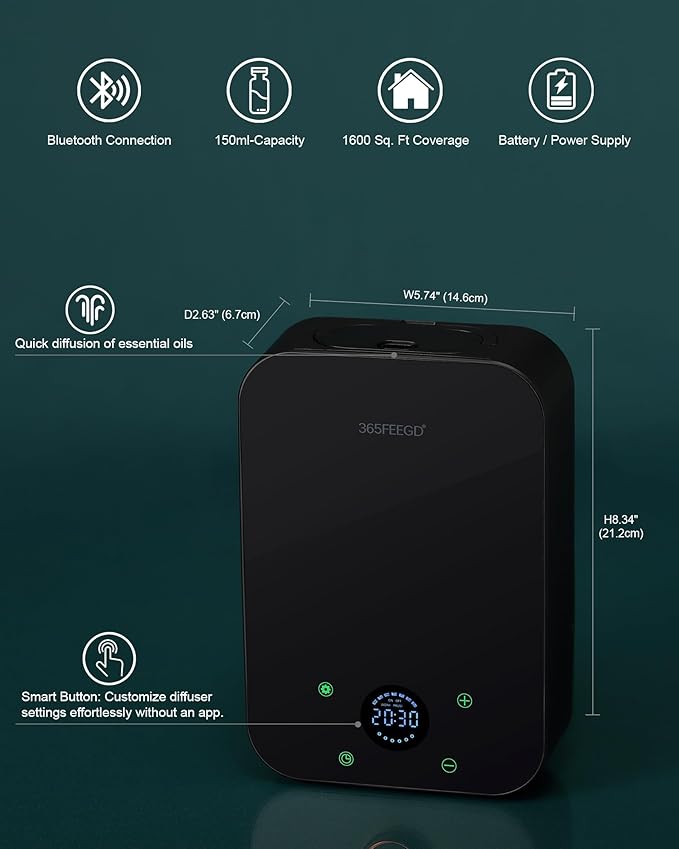 Waterless Essential Oil Diffuser, Portable Bluetooth Aromatherapy Device for Home, 24/7 Customizable Schedule, 1600 sq ft Coverage, 2×D Cell or Plug-in Powered (Dual Power-Black)