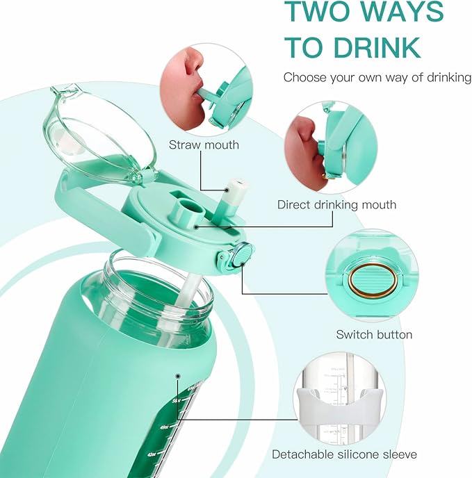 42oz/52oz/64oz Glass Water Bolttles with Straw Half Gallon Large Motivational Water Bottle with Time Marker Sports Water Bottles with Silicone Sleeve and Handle Lid Water Jug for Gym Workout