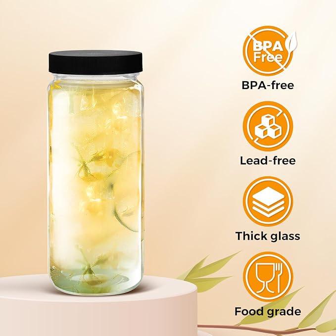 6pcs 18oz Glass Juice Bottles with Lid, Clear Water Bottle Drink Containers with Caps, Reusable Tall Mason Jar for Drinking, Smoothie and Other Beverages BPA Free 100% Leak Proof Drinking Jar