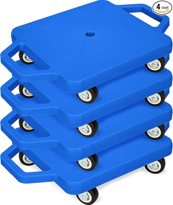 Jerify 4 Pieces Sports Scooter Board with Handles Plastic Casters Floor Sitting Scooter Boards for Kids Children Gym Indoor Outdoor Activities Play Equipment, 11.22 x 11.22 inch