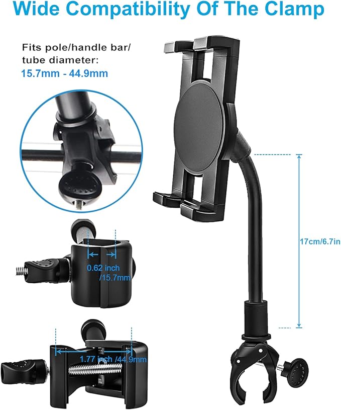 Exercise Bike Tablet Holder Mount for 4.7-13" Phone & iPad - Gooseneck Tablet Stand for Spin Bike, Indoor Stationary Bicycle, Treadmill, Stroller Handlebar for iPad Pro, Air, Mini, iPhones