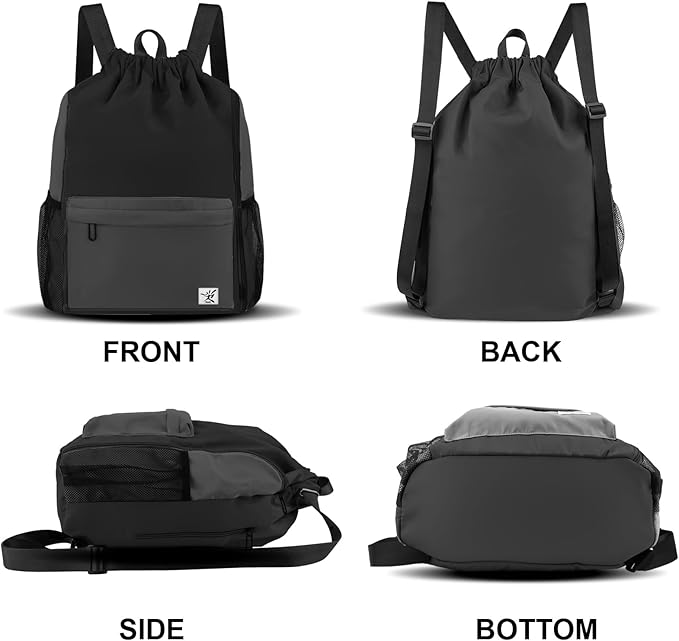 Drawstring Backpack with Mesh Pockets String Gym Bag Sackpack Sandproof Water Resistant Beach Backpack for Men Women