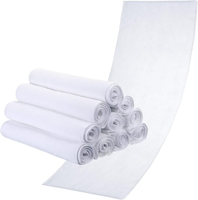 Handepo 12 Pcs Microfiber Workout Gym Towels, 360 GSM 12 x 30 Inch Gentle and Fast Drying Absorbent Towels for Men Women Yoga Travel Sports(White)