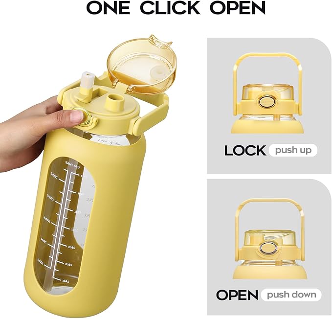 74 oz Glass Water Bolttles with Straw Large Motivational Water Bottle with Time Marker Sports Water Bottles with Silicone Sleeve and Handle Lid 2.2L Water Jug for Gym Workout