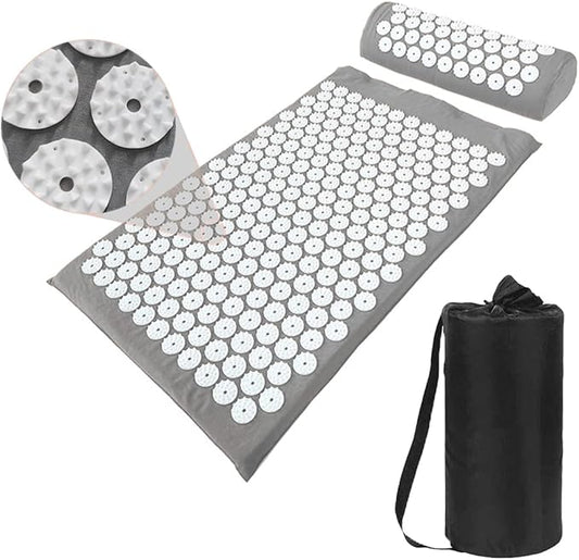 Acupressure Mat and Pillow Set with Bag - Large Size 28.7 X 16.5 inch Acupuncture Mat for Neck & Back Pain, Muscle Relaxation Stress Relief, Sciatica Pain Relief Pillow (Gray)