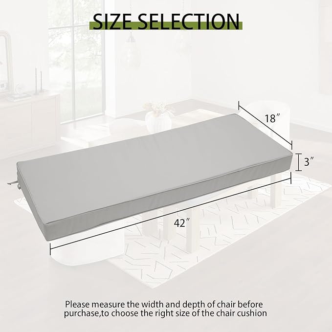 Outdoor Bench Cushion 42 x 18 x 3 Inch, Waterproof Patio Furniture Cushions with Ties, Non-Slip Rectangle Bench Seat Cushion Foam Pad for Garden Sofa Settee Couch Swing, Light Gray
