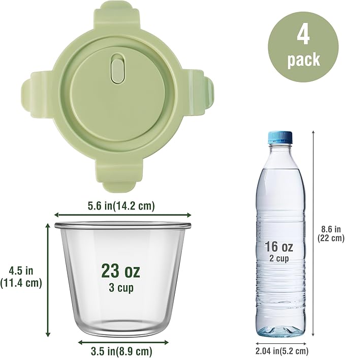 23oz Glass Meal Prep Containers with Lids, Airtight 3-Cup Glass Storage Containers Set, Heat-Resistant BPA-Free for Soup, Leftover, Microwave, Dishwasher, Fridge and Freezer Safe (4 Packs)