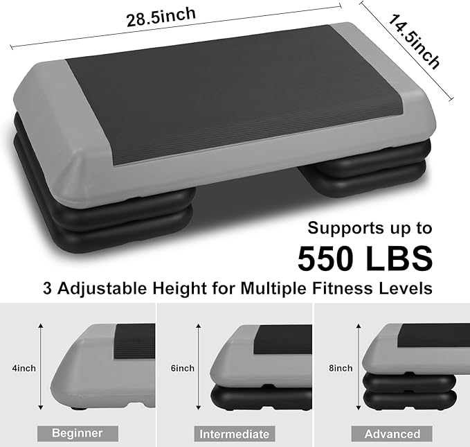 Adjustable Aerobic Stepper Workout Step with 4 Risers Fitness & Exercise Platform Trainer