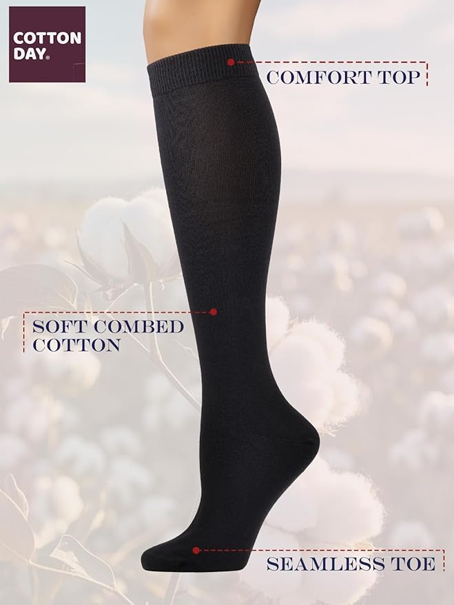 COTTON DAY Women's Soft Combed Cotton Knee High Long Calf Dress Socks Seamless Toe Black White Gray Navy Blue Brown