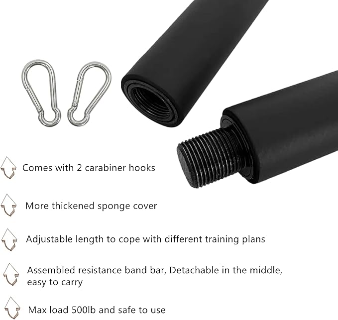 41Inch Resistance Band Bar for Full Body Workout, Portable Detachable Pilates Bar, with 2 Carabineer Clips, Black