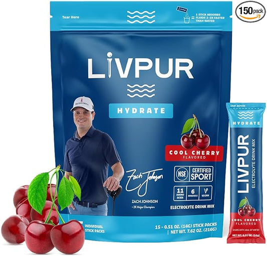 LivPur Electrolyte Drink Mix, Instant Hydration Powder with Vitamin C, B6, B12 & Essential Amino Acids for Muscle Support & Immune Health, Sports Essentials, Cool Cherry Flavor, 15 Stick Packs