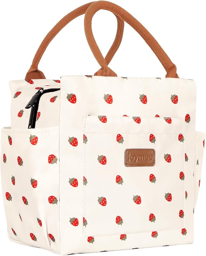 Joymee Lunch Bag Women Insulated Lunch Box Reusable Leakproof Large Spacious Cooler Tote for Women Men Adult with Bottle Holder and Side Pockets for Work Office Travel Picnic - Strawberry