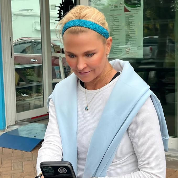 Sweaty Bands Womens Girls Headband - Non-Slip Velvet-Lined Fitness Sparkle Hairband - Viva Diva Turquoise 1-Inch