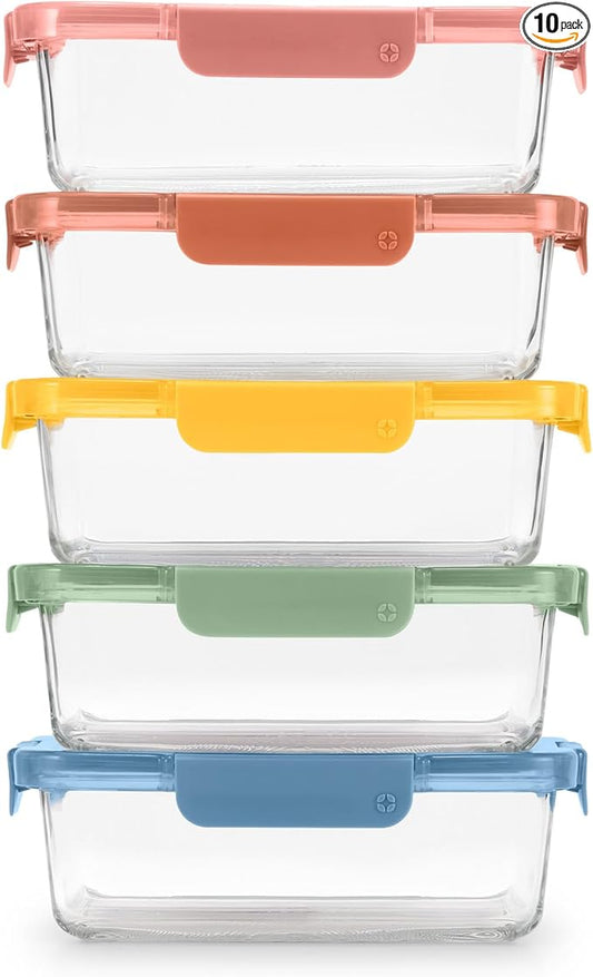 Ello Color Lock 5 Cup 10PC, 5 Pack Glass Meal Prep Sets Leak-Proof Glass Food Storage Containers with Airtight BPA-Free Plastic Lids, Dishwasher, Microwave, and Freezer Safe, Desert Festival