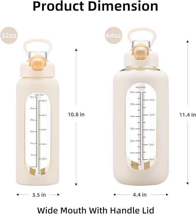 64 oz Glass Water Bolttles with Straw Half Gallon Large Motivational Water Bottle with Time Marker Sports Water Bottles with Silicone Sleeve and Handle Lid Water Jug for Gym Workout