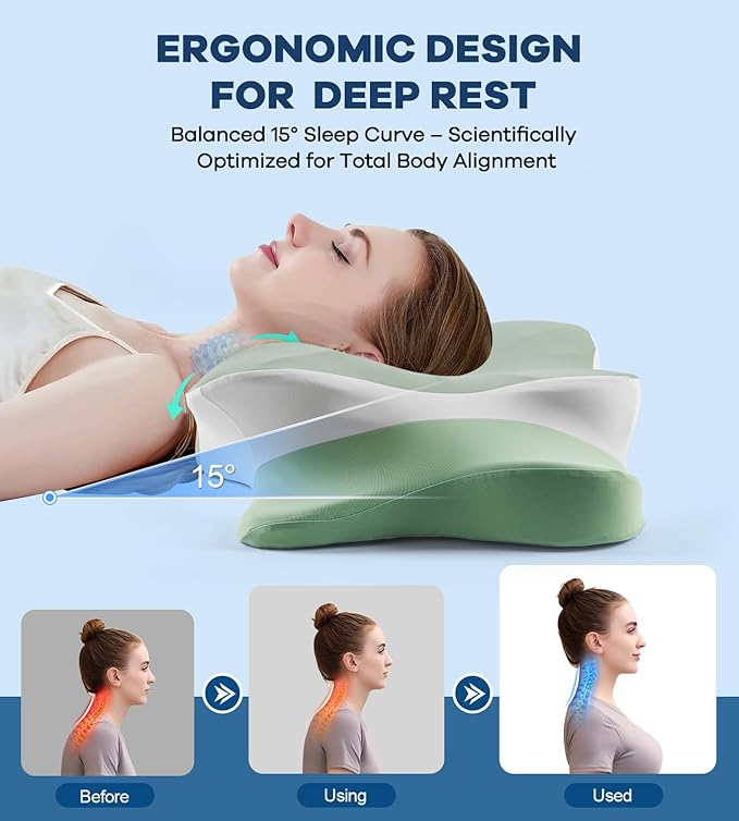 Cervical Pillow for Neck Pain Relief -Cooling Ergonomic Memory Foam Pillow with Ice Silk Pillowcase, Dual-Height Orthopedic Support Contour Pillow for Side/Back/Stomach Sleepers, CertiPUR-US Certified