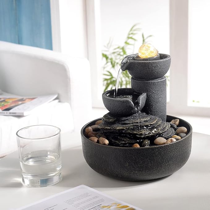 GOSSI Tabletop Fountain Indoor Fountain 2-Tiered Water Meditation Decorative Waterfall w/LED/Cobblestone/Glass Rolling Ball Soothing Sounds for Office and Home
