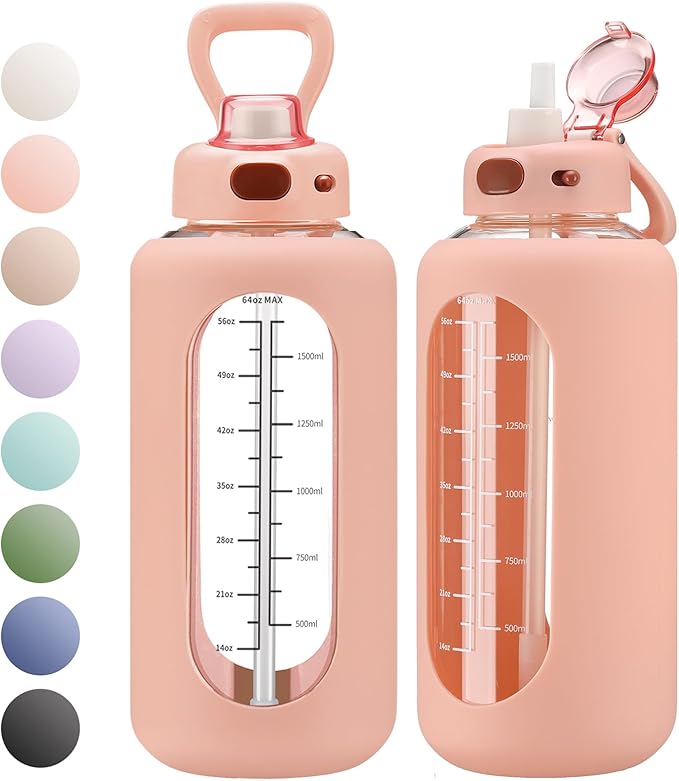 SIEROZUR 42 oz Glass Water Bottle with Straw and Handle, Large Sports Motivational Water Bottle Flask with Time Marker Leakproof Water Jug with Silicone Sleeve for Gym