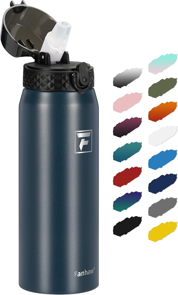 Fanhaw 24 Oz Stainless Steel Insulated Sports Water Bottles with Straw for Kids, Men and Women (Navy Blue)