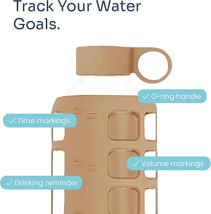 purifyou 40oz / 32oz / 22oz / 12oz Borosilicate Glass Water Bottle with Time & Volume Markers, Silicone Sleeve, Stainless Steel Lid | Reusable Glass Bottle for Water & Juice (32oz Iced Coffee)