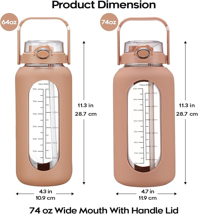 74 oz Glass Water Bolttles with Straw Large Motivational Water Bottle with Time Marker Sports Water Bottles with Silicone Sleeve and Handle Lid 2.2L Water Jug for Gym Workout