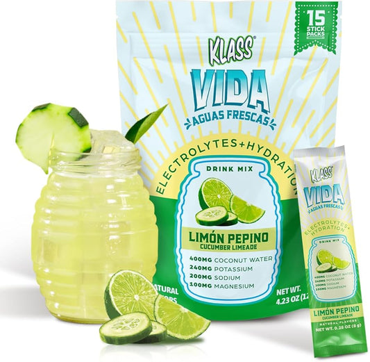 Electrolyte Drink Mix – Cucumber Limeade Agua Fresca Flavor | Sugar-Free Hydration Powder with Coconut Water & Minerals | 15 Single-Serve Stick Packs, Low Calorie, Natural Flavor