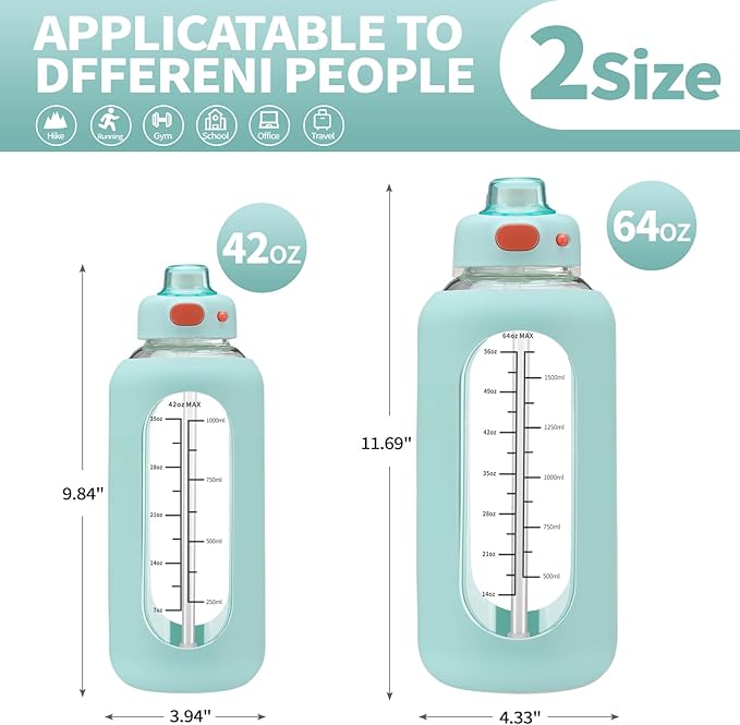 SIEROZUR 42 oz Glass Water Bottle with Straw and Handle, Large Sports Motivational Water Bottle Flask with Time Marker Leakproof Water Jug with Silicone Sleeve for Gym