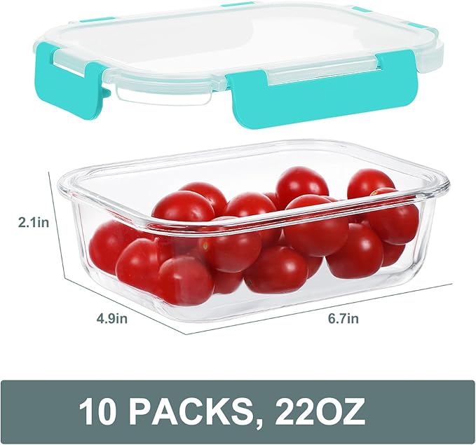 KOMUEE 10 Packs 22 oz Glass Meal Prep Containers, Glass Food Storage Containers with Lids, Airtight Lunch Boxes BPA Free, Microwave and Freezer Safe, Green
