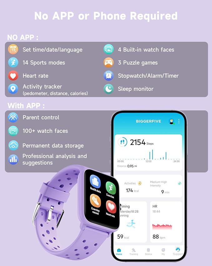 BIGGERFIVE Smart Watch for Kids Without APP, Fitness Tracker Watch Pedometer, Heart Rate, 5ATM Waterproof, Sleep Monitor, Calorie Step Counter, Games, Alarm Clock for Girls 5-14, Porous Lilac