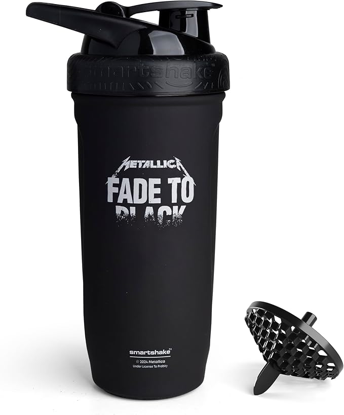 Smartshake Rockband Reforce Stainless Steel Protein Shaker Bottle 700 ml | 23 oz - Leakproof Screw-on Lid - BPA Free – Non Insulated - Unisex - Metallica, Fade to Black Logo on Bottle