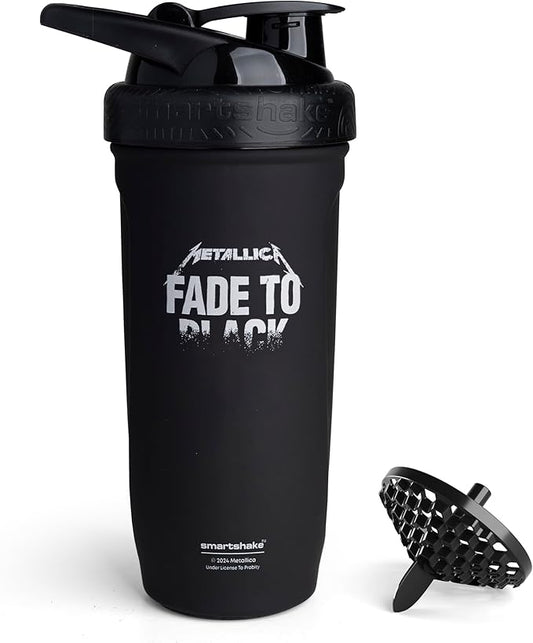 Smartshake Rockband Reforce Stainless Steel Protein Shaker Bottle 700 ml | 23 oz - Leakproof Screw-on Lid - BPA Free – Non Insulated - Unisex - Metallica, Fade to Black Logo on Bottle