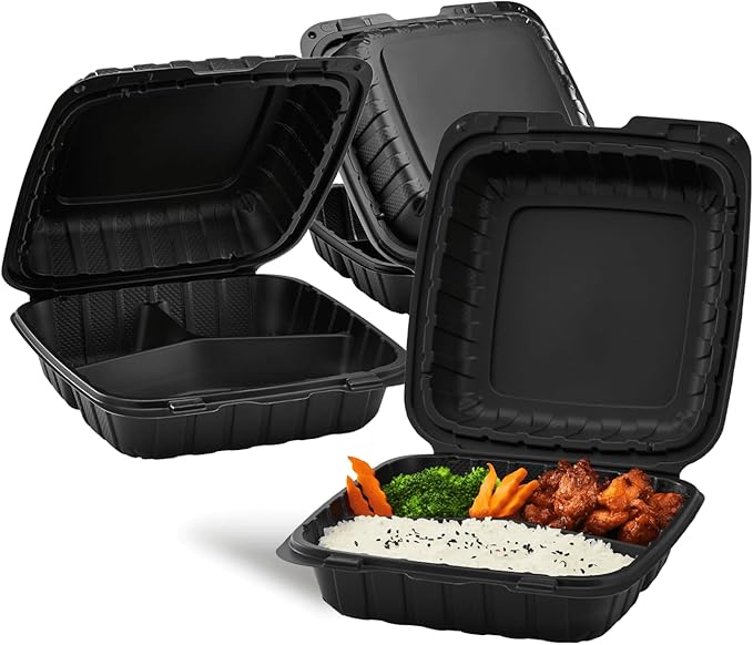 KARAT EARTH Clamshell Take Out Food Containers [8"x8" - 200 ct] To Go Containers | 3 Compartment, Soak-Resistant, Durable, Stackable | Vented for Hot/Cold Foods, Black