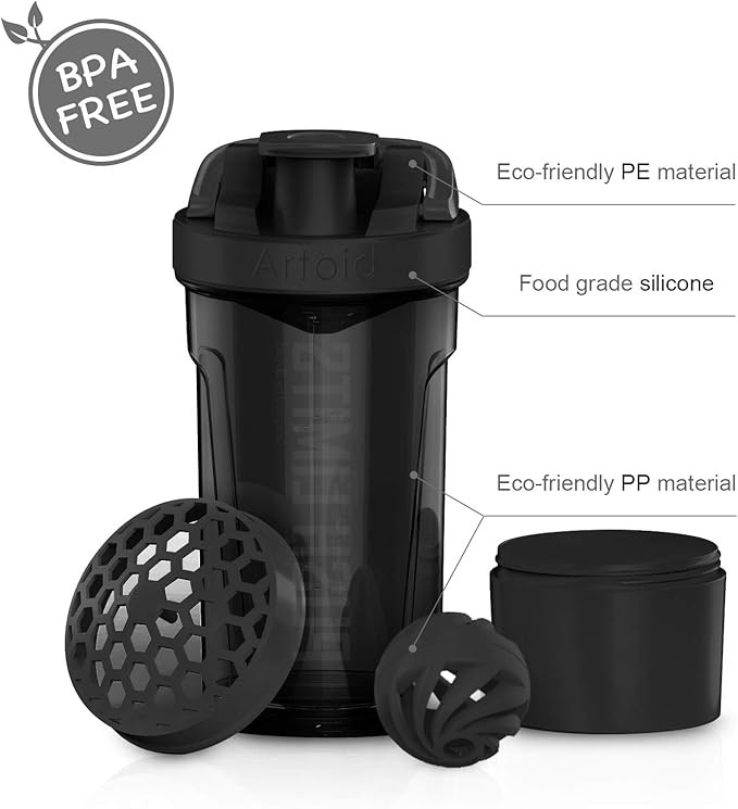 Artoid Mode Fitness Workout Sports Protein Shaker Bottle 24-Ounce, Dual Mixing Technology with Shaker Balls & Mixing Grids Included, Twist and Lock Protein Box Storage Included