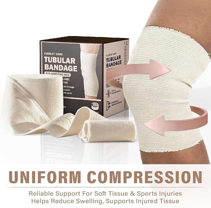 EVERLIT 560D Cotton Blend Elasticated Tubular Support Bandage | Latex-Free, Breathable Stockinette for Arm, Knees, Legs | Moderate to High Compression for Sensitive Skin (Size E | 3.5" x 11 yd)